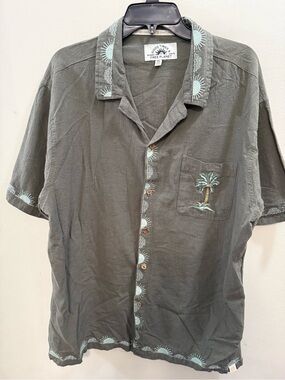 Free Planet Khaki Green Palm Tree Embroidered Button Down Shirt XXL Cotton/Linen